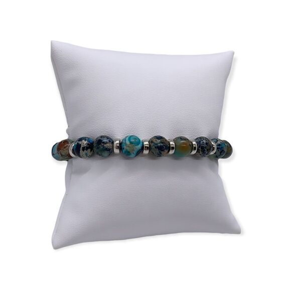 NWT Wool + Pepper Co. Blue Imperial Jasper & Silver Beaded Bracelet - Picture 2 of 4